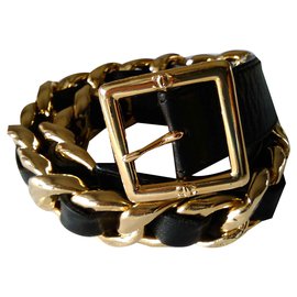 Chanel-Cinturón de cuero con hebilla chapado en oro de CHANEL-Negro,Dorado