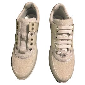 Chanel sneakers white / blue gray leather and tweed Eggshell