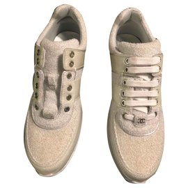Chanel-Chanel sneakers white / blue gray leather and tweed-Eggshell