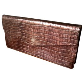 Yves Saint Laurent Croco Look Leather Clutch Brown Metallic