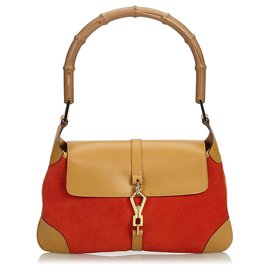Gucci-Gucci Red Bamboo Suede Jackie-Brown,Red,Light brown