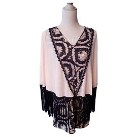 Autre Marque Valeria Derbais Kleid Beige und Schwarz mit Fransen Beige
