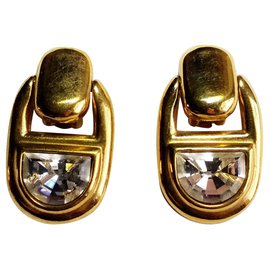 Guy Laroche-White rhinestone clip earrings-Golden