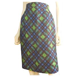 Louis Féraud Jacquard Check Pencil Skirt Black Blue Green Black Blue Green