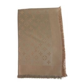 Louis Vuitton-Louis Vuitton monogram light brown capuccino Tone on tone shawl weaved jacquard silk wool M75872-Brown