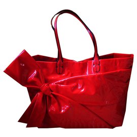 Valentino-Valentino Red Patent Leather Bow Tote Shoulder bag-Red