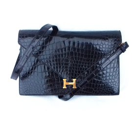 Hermès-Hermès Sac à main Lydie Crocodile Noir from SPA New Strap-Black