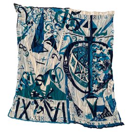 Hermès-Hermès silk and cotton scarf-White,Navy blue,Light blue,Turquoise