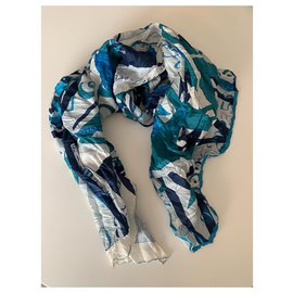 Hermès-Hermès silk and cotton scarf-White,Navy blue,Light blue,Turquoise