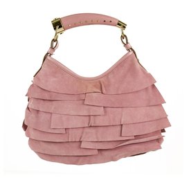 Yves Saint Laurent-Yves Saint Laurent YSL Pink Suede Leather Ruffle Mombasa Shoulder Bag Horn Handle-Pink