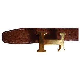 Hermès-H buckle leather belt-Caramel