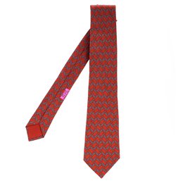 Hermès-Cravatta in seta stampata Hermes con stampa geometrica, in ottime condizioni!-Rosso