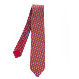 Hermès-Cravate Hermès en soie imprimée rouge & marron, en très bon état !-Rouge