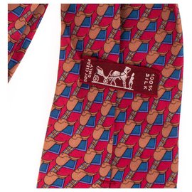 Hermès-Corbata Hermès en seda estampada en rojo y marrón., En muy buena forma!-Roja