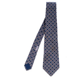 Hermès-Corbata Hermès en seda estampada azul marino., ¡en muy buen estado!-Azul marino