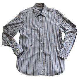 Massimo Dutti-chemise à rayures bleu blanc brun T. XL (43-44)-Marron,Blanc,Bleu