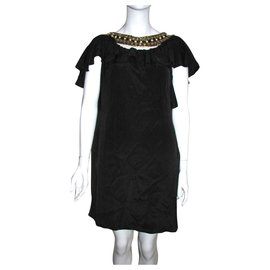 Temperley London-Vestido de seda adornado-Negro,Dorado