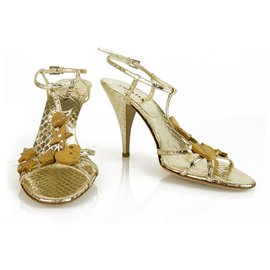 Prada-Prada Gold Snakeskin Embossed Leather Slingback Heels Strappy Shoes Pumps sz 38.5 with wooden charms-Golden