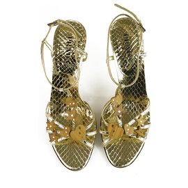 Prada-Prada Gold Snakeskin Embossed Leather Slingback Heels Strappy Shoes Pumps sz 38.5 with wooden charms-Golden