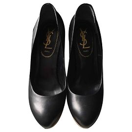 Yves Saint Laurent Maryna Pump Black Leather Wedges 37 Black