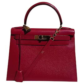 Hermès-Kelly Sellier Hermes Red Gold Hdw Handbag-Red