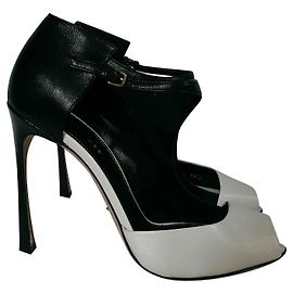 Sergio Rossi Black and White Leather Open Toe Pumps Black White