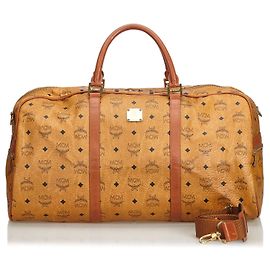 MCM Brown Visetos Leather Duffle Bag Brown Black