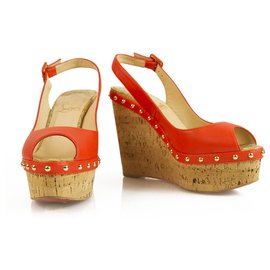 Christian Louboutin-Christian Louboutin Orange Leather Cork Platform Wedges Slingback peep toe Sz 37-Orange
