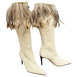 Botas vintage Andrea Pfister, gamuza y plumas, Condición de menta Blanco