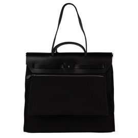 Hermès-Sac Hermès Herbag 38 en cuir et toile noir, état neuf !-Noir