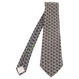 Hermès-Hermes empate em seda estampada com motivos de mandíbula e corda em excelente estado!-Branco,Azul,Verde