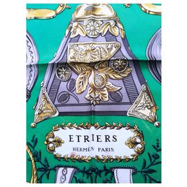 Hermès-Square HERMÈS Paris "Stirrups" by Françoise de la Perrière-Brown,Black,Beige,Golden,Green,Olive green,Eggshell,Light brown,Dark brown,Light green,Dark green