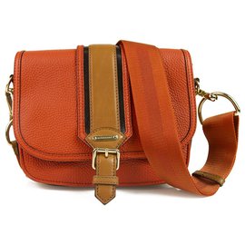 Burberry-Burberry Orange Textured Leather Crossbody Flap Bag with canvas Strap-Orange