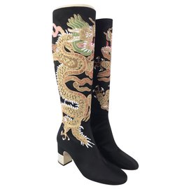 Gucci-GUCCI Black Silk Satin Embroidered Candy Dragon+Swarovski crystals Knee Boots-Black,Golden