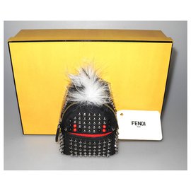 Fendi-Fendi Charm / keychain nylon backpack and black leather studded brand new tag!-Black