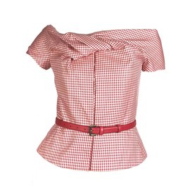 Christian Dior-Gingham silk wool corset top with leather belt-White,Red