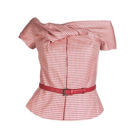 Christian Dior-Haut corset en laine de soie vichy avec ceinture en cuir-Blanc,Rouge