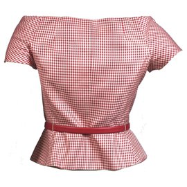Christian Dior-Gingham silk wool corset top with leather belt-White,Red
