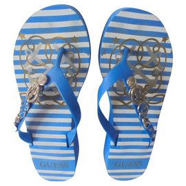 Mules compensées Guess Offset bleu et blanc Blanc Bleu Doré