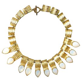 Autre Marque-Ikuo Ichimori Gold metal plastron necklace and opal glass drops-Golden