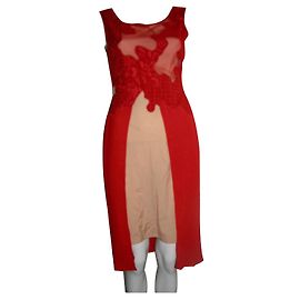 Reiss Kleid mit Spitzenbesatz und Chiffonrock Rot Rot Fleisch