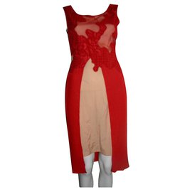 Reiss-Lace overlay dress-Red,Flesh