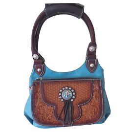 Claude Montana Montana Western Handbag Brown Light Blue Leather Brown Light blue