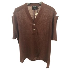 Jean Paul Gaultier-JEAN PAUL GAULTIER NEW MEN'S LINEN BROWN POLO-Brown