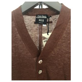 Jean Paul Gaultier-JEAN PAUL GAULTIER NEW MEN'S LINEN BROWN POLO-Brown