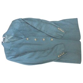 Autre Marque-LAURA ASHLEY Belle veste longue en lin cintré barre deux boutons  et fente arrière-Bleu clair