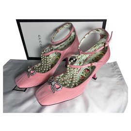 Gucci-GUCCI HEELS CHAUSSURES SATIN ROSE ET PERLE-Rose