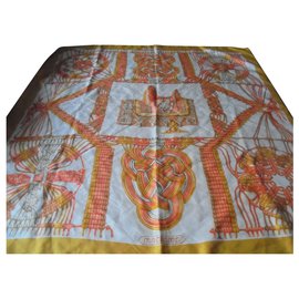 Hermès-HERMES RARE VINTAGE SILK SQUARE-Orange,Eggshell,Coral