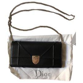 Christian Dior-Diorama Grand Portefeuille Sur Chaîne-Noir