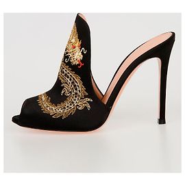 Gianvito rossi 10CM EMBROIDERY DRAGON MULES HEELS Black